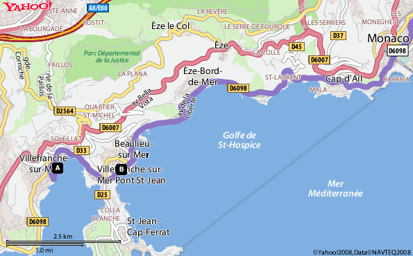 Plan Villefranche sur mer vers Monaco
