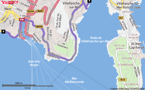 Plan Villefranche sur mer vers Nice